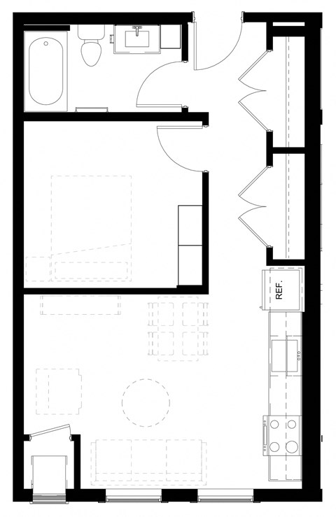 a floor plan of a small house with a bedroom and a living room